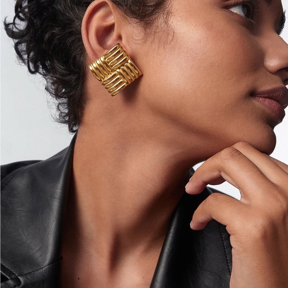 Gold Statement Earrings*Bold Design*Square Earrings*Tarnish Free*Waterpr… - Picture 6 of 6